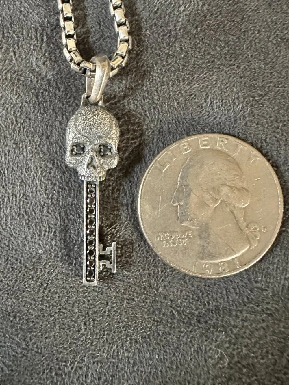 David Yurman Skull Key Pendant w/ Black Diamonds & DY Box Chain Necklace - 20
